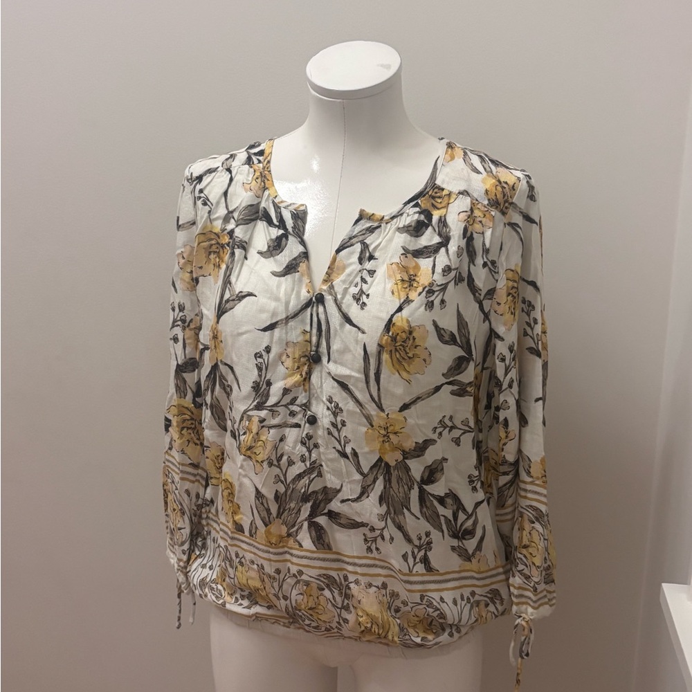 Lucky Brand White Floral Button-Front Blouse with Yellow & Gray Print